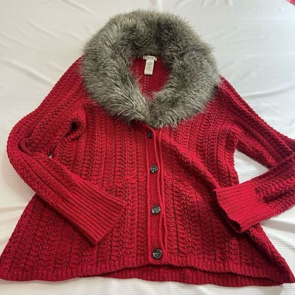 Cache Red Faux Fur Sweater Cardigan Size XL - Picture 1 of 9